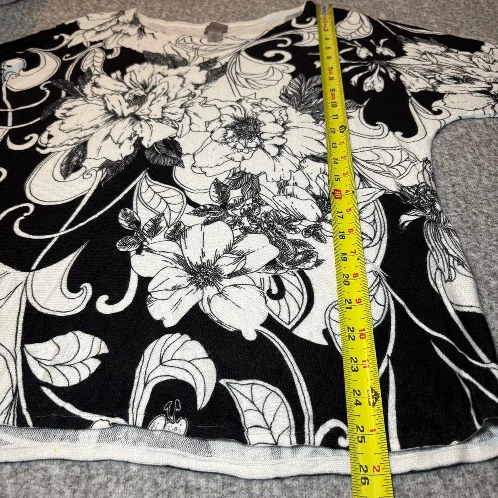 Chico’s Easywear Black White Floral Knit Top Boat Neck 3/4 Sleeve Women’s Large - Picture 6 of 7